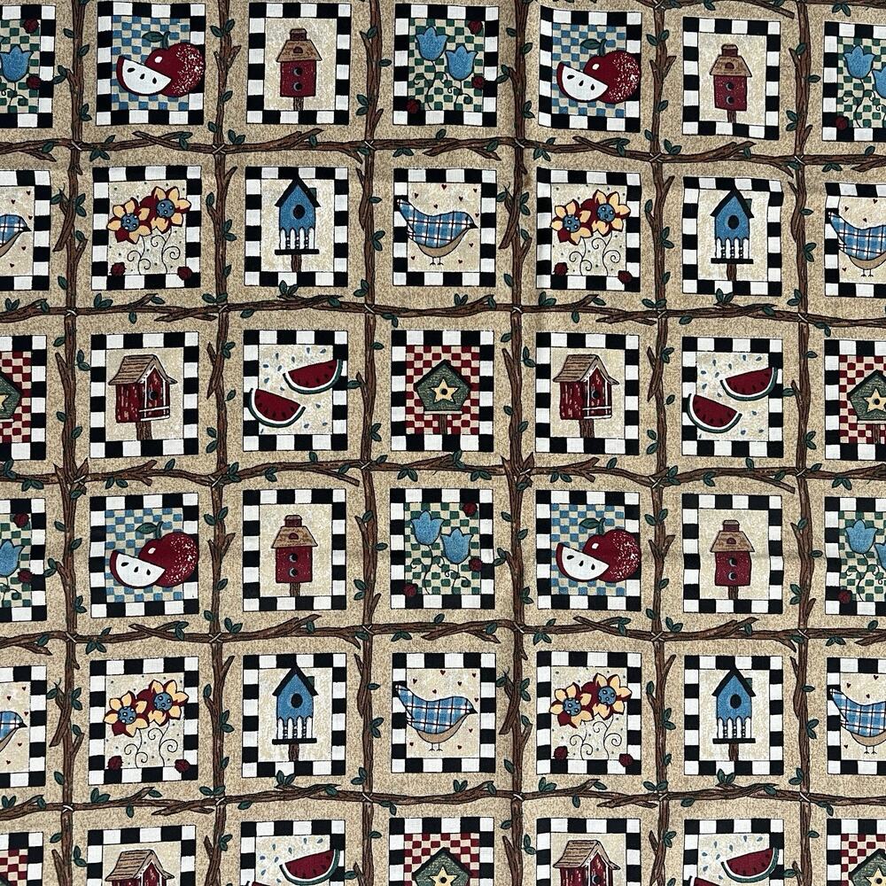 1 Yd Springs Fabric Calico Cheater Quilt Bird House Garden Watermelon Apple Sew
